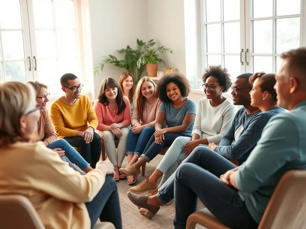 A supportive group of individuals sitting in a circle, sharing their experiences and offering each other encouragement in a safe and confidential setting, symbolizing the power of community support in overcoming workplace bullying.