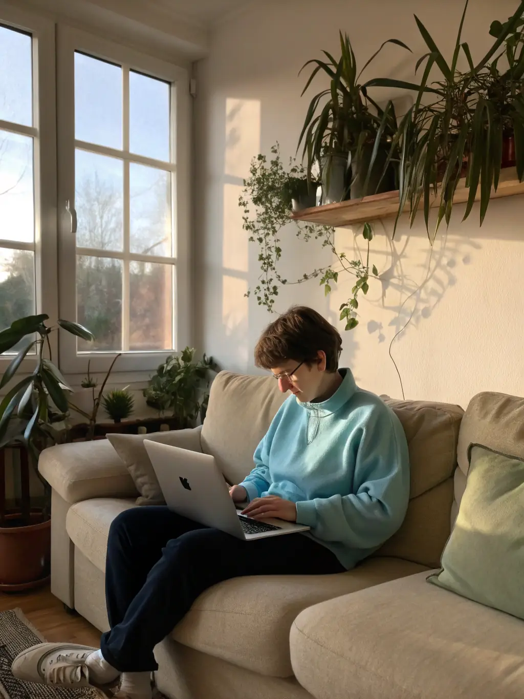 A person working through a digital workbook on a tablet, with a serene and focused expression, in a comfortable home setting.