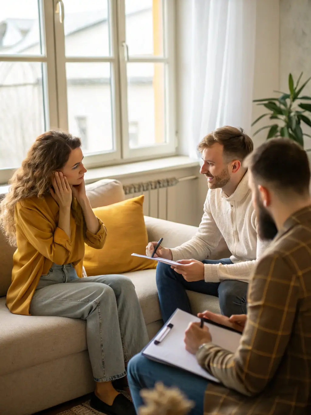 A coach in a one-on-one session with a client, both engaged in a thoughtful conversation, in a bright and supportive office setting.