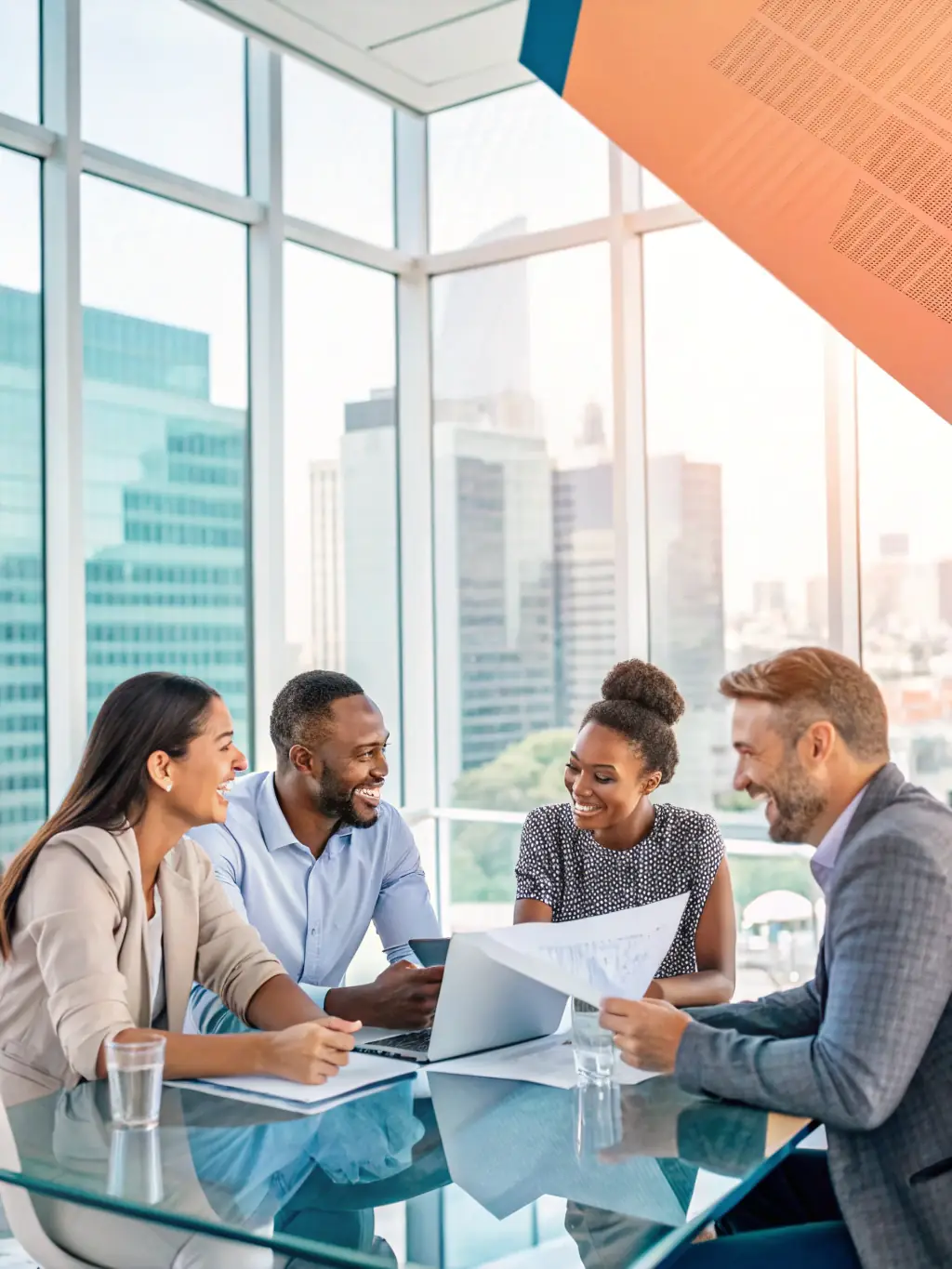 A diverse group of professionals collaborating in a team-building exercise, fostering a positive and supportive atmosphere, in a modern office space.