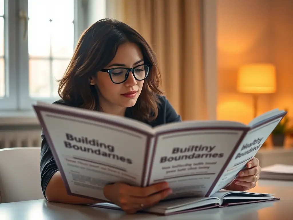 A person confidently reviewing the 'Building Healthy Boundaries' course workbook, highlighting key sections with a pen, set in a bright, organized office environment.