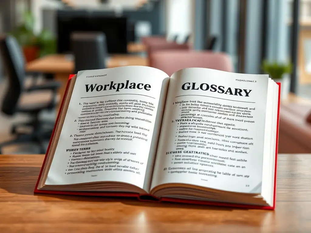 An open 'Workplace Glossary' displaying key terms and definitions, with a focus on understanding workplace dynamics and communication strategies.
