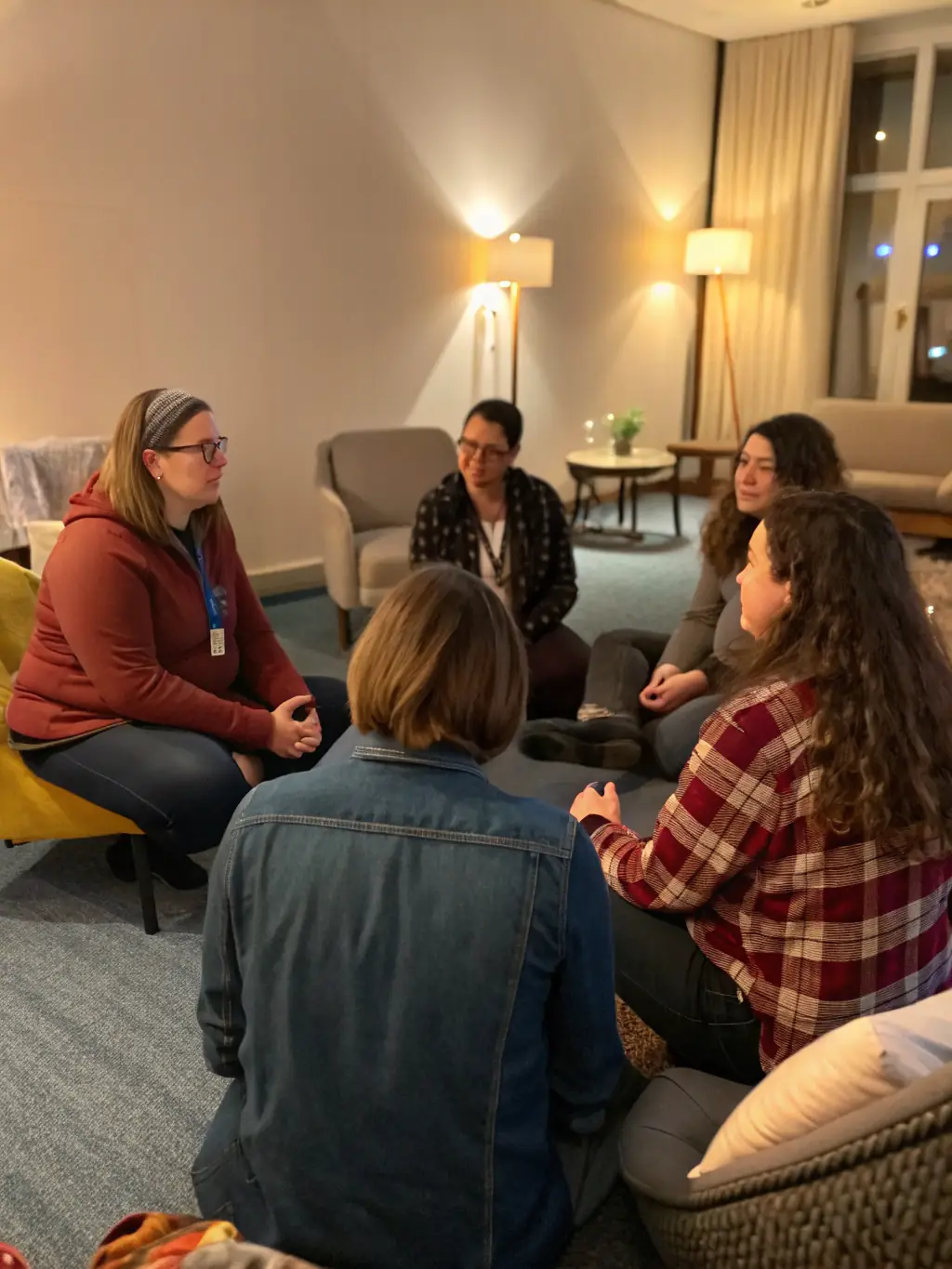 A supportive group of diverse individuals sitting in a circle, sharing their experiences and offering each other empathetic nods and smiles, symbolizing a safe space for vulnerability and connection in the context of overcoming workplace bullying.
